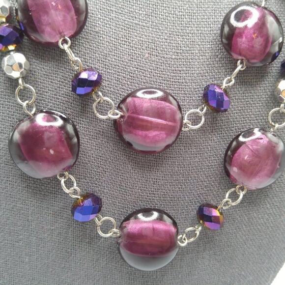 Purple Flat Round Beaded Necklace, Purple Crystal Beads, Two Strands, 24 Inches - Picture 5 of 10